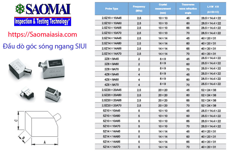 Đầu dò siêu âm dạng góc với sóng ngang bảng 2 thông số kỹ thuật