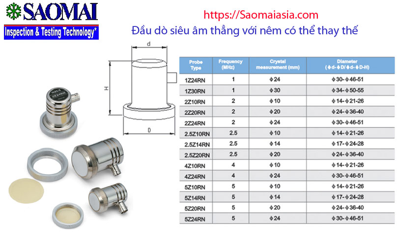 Đầu dò siêu âm dạng thẳng với nêm có thể thay thế.