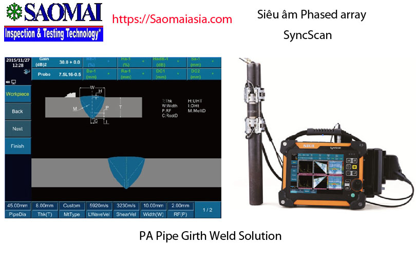 siêu âm mối hàn sử dụng phương pháp phased array với các mối hàn nối ống.
